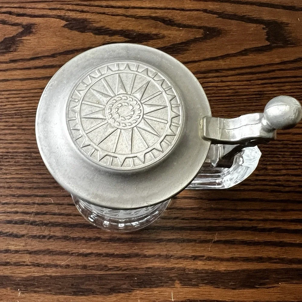 Vintage Old Spice Etched Salem Ship Glass‎ Beer Stein Metal Lidded Bar Mug 1866